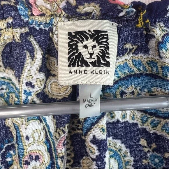 Anne Klein shirt long sleeve Navy Paisley Blouse with Coral and Teal Accents - Picture 7 of 12